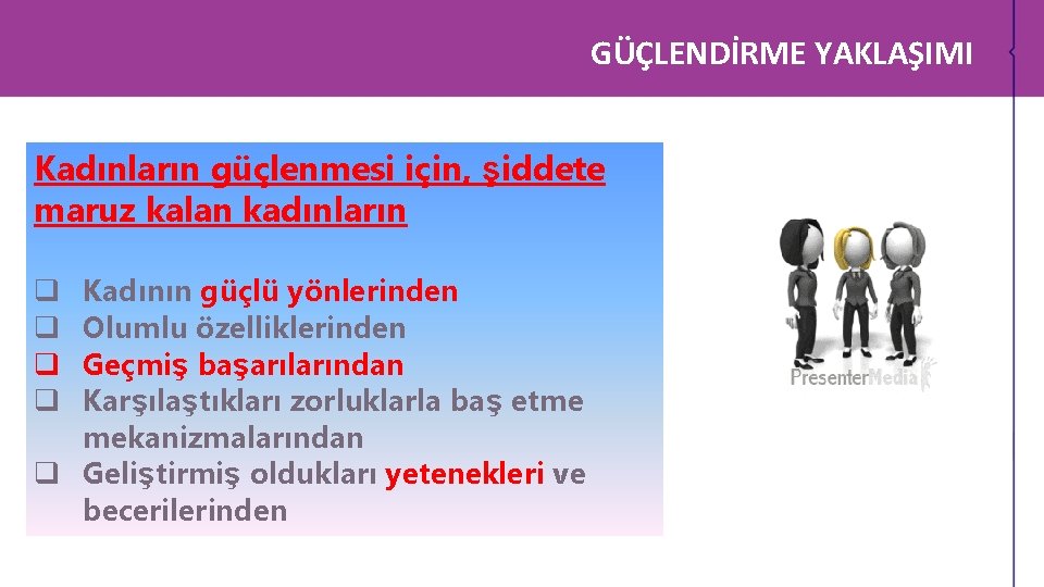 GÜÇLENDİRME YAKLAŞIMI Kadınların güçlenmesi için, şiddete maruz kalan kadınların Kadının güçlü yönlerinden Olumlu özelliklerinden GÜÇLENDİRME YAKLAŞIMI Kadınların güçlenmesi için, şiddete maruz kalan kadınların Kadının güçlü yönlerinden Olumlu özelliklerinden