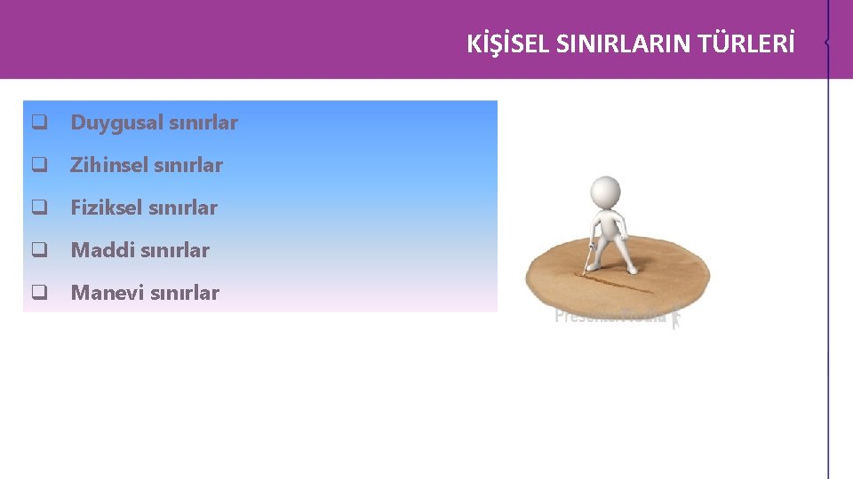 KİŞİSEL SINIRLARIN TÜRLERİ q Duygusal sınırlar q Zihinsel sınırlar q Fiziksel sınırlar q Maddi KİŞİSEL SINIRLARIN TÜRLERİ q Duygusal sınırlar q Zihinsel sınırlar q Fiziksel sınırlar q Maddi