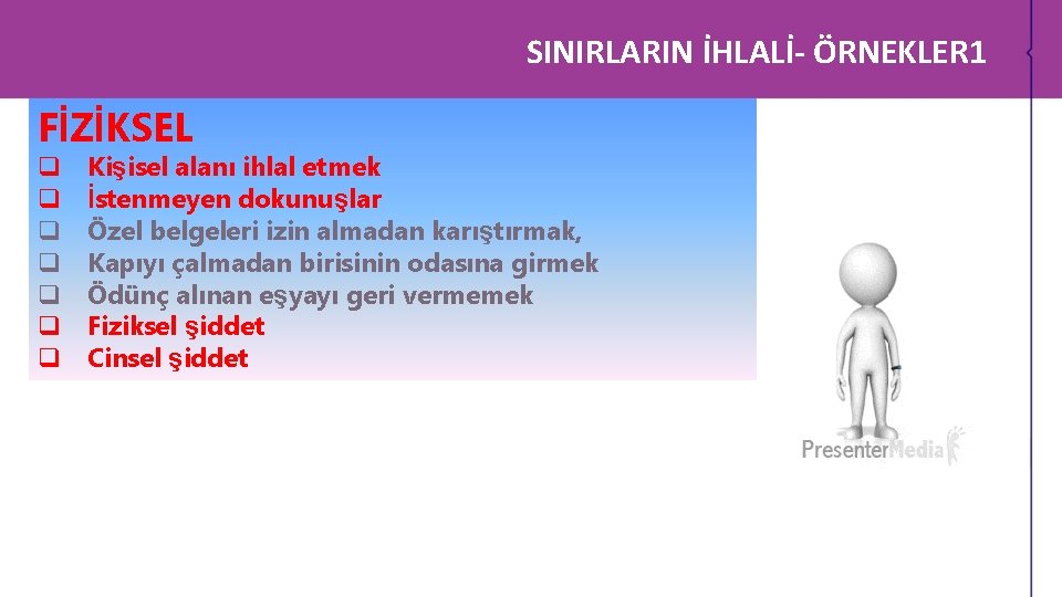 SINIRLARIN İHLALİ- ÖRNEKLER 1 FİZİKSEL q q q q Kişisel alanı ihlal etmek İstenmeyen SINIRLARIN İHLALİ- ÖRNEKLER 1 FİZİKSEL q q q q Kişisel alanı ihlal etmek İstenmeyen