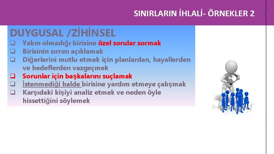 SINIRLARIN İHLALİ- ÖRNEKLER 2 DUYGUSAL /ZİHİNSEL q Yakın olmadığı birisine özel sorular sormak q SINIRLARIN İHLALİ- ÖRNEKLER 2 DUYGUSAL /ZİHİNSEL q Yakın olmadığı birisine özel sorular sormak q