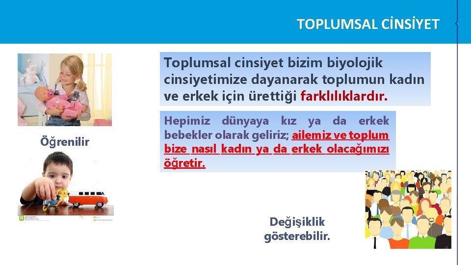 TOPLUMSAL CİNSİYET Toplumsal cinsiyet bizim biyolojik cinsiyetimize dayanarak toplumun kadın ve erkek için ürettiği TOPLUMSAL CİNSİYET Toplumsal cinsiyet bizim biyolojik cinsiyetimize dayanarak toplumun kadın ve erkek için ürettiği