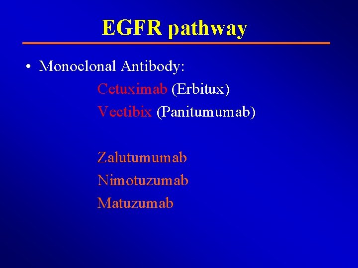 EGFR pathway • Monoclonal Antibody: Cetuximab (Erbitux) Vectibix (Panitumumab) Zalutumumab Nimotuzumab Matuzumab 