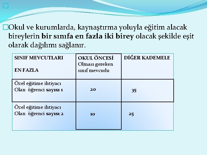 � �Okul ve kurumlarda, kaynaştırma yoluyla eğitim alacak bireylerin bir sınıfa en fazla iki