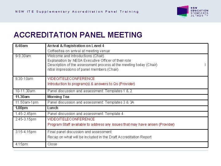 NSW ITE Supplementary Accreditation Panel Training ACCREDITATION PANEL MEETING 8. 40 am 9 -9.