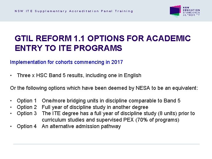 NSW ITE Supplementary Accreditation Panel Training GTIL REFORM 1. 1 OPTIONS FOR ACADEMIC ENTRY