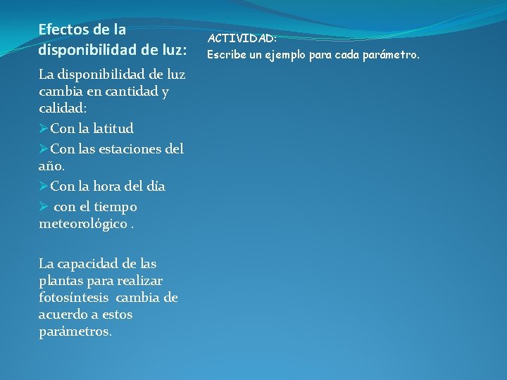 Efectos de la disponibilidad de luz: La disponibilidad de luz cambia en cantidad y