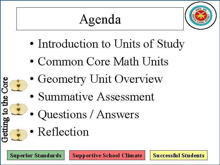 Getting to the Core Agenda • • • Introduction to Units of Study Common