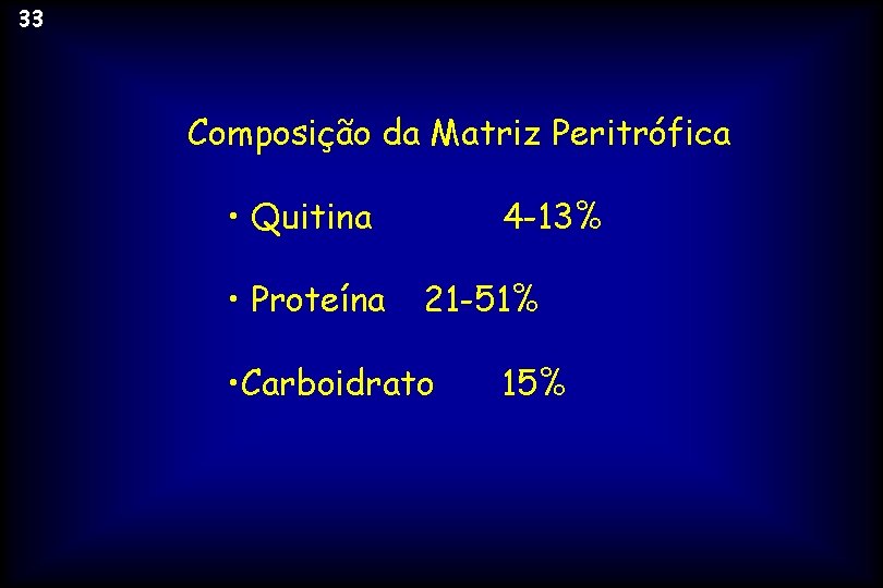 33 Composição da Matriz Peritrófica • Quitina • Proteína 4 -13% 21 -51% •