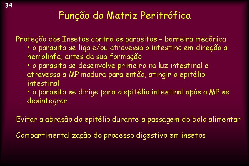 34 Função da Matriz Peritrófica Proteção dos Insetos contra os parasitos – barreira mecânica