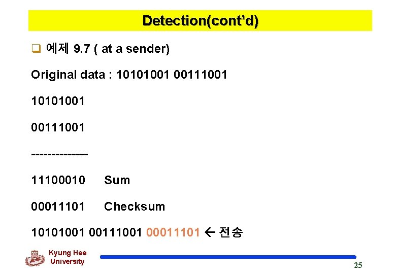 Detection(cont’d) q 예제 9. 7 ( at a sender) Original data : 10101001 00111001