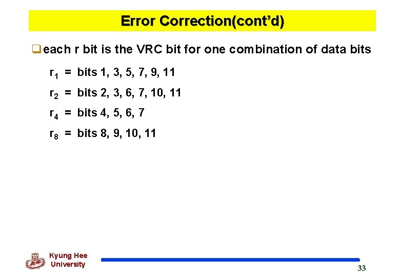 Error Correction(cont’d) qeach r bit is the VRC bit for one combination of data