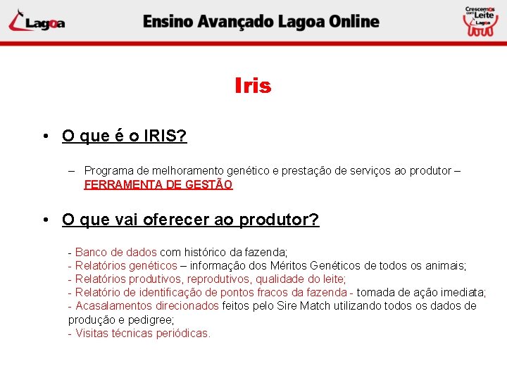 Iris • O que é o IRIS? – Programa de melhoramento genético e prestação