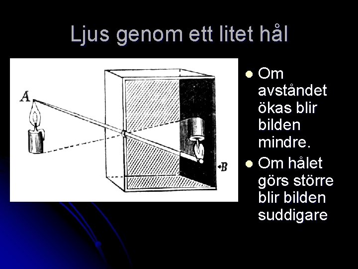 Ljus genom ett litet hål Om avståndet ökas blir bilden mindre. l Om hålet