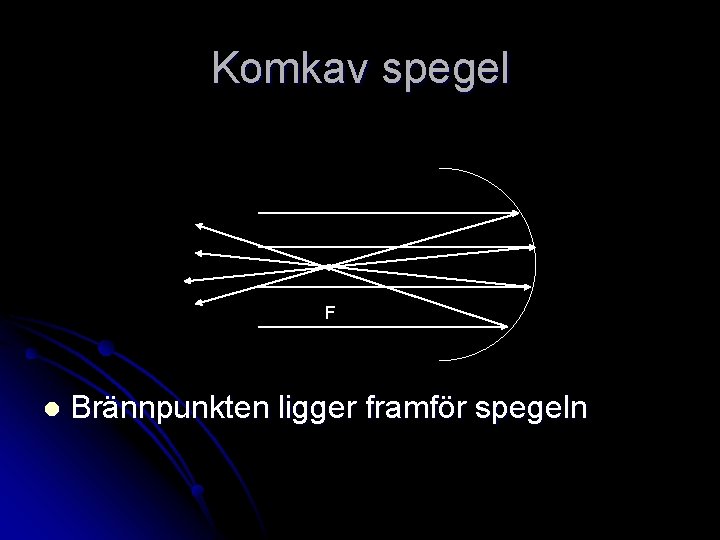 Komkav spegel F l Brännpunkten ligger framför spegeln Komkav spegel F l Brännpunkten ligger framför spegeln