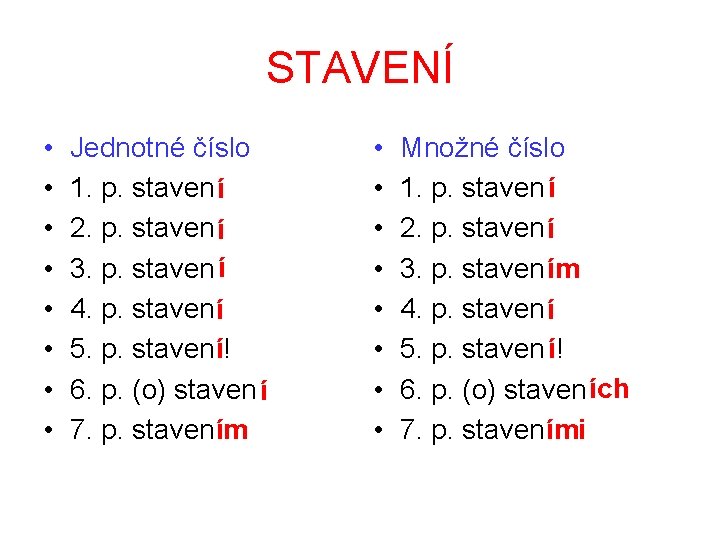 STAVENÍ • • Jednotné číslo 1. p. staven í 2. p. staven í 3. STAVENÍ • • Jednotné číslo 1. p. staven í 2. p. staven í 3.