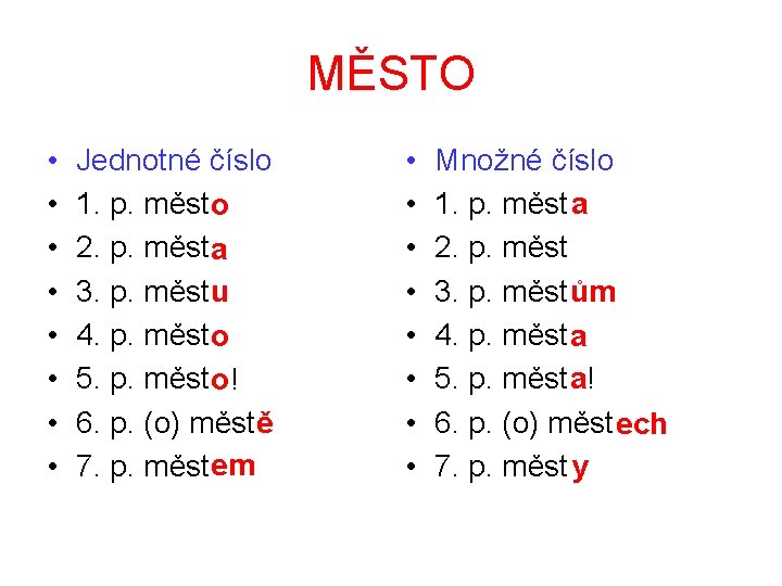 MĚSTO • • Jednotné číslo 1. p. měst o 2. p. měst a 3. MĚSTO • • Jednotné číslo 1. p. měst o 2. p. měst a 3.