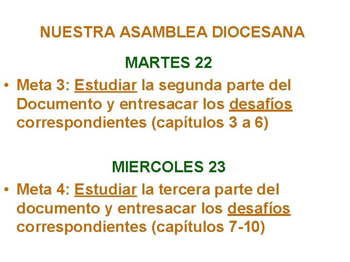 NUESTRA ASAMBLEA DIOCESANA MARTES 22 • Meta 3: Estudiar la segunda parte del Documento