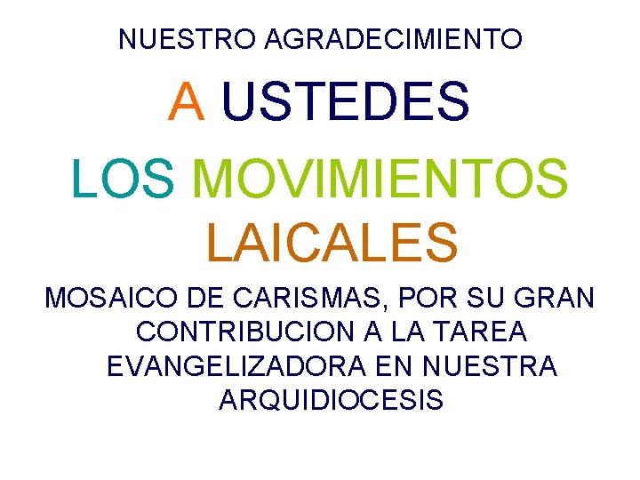 NUESTRO AGRADECIMIENTO A USTEDES LOS MOVIMIENTOS LAICALES MOSAICO DE CARISMAS, POR SU GRAN CONTRIBUCION