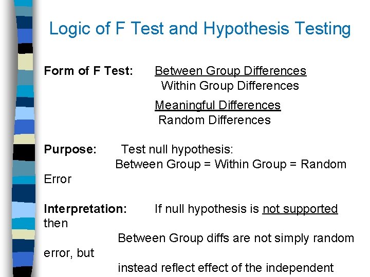 Logic of F Test and Hypothesis Testing Form of F Test: Between Group Differences