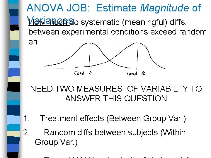 ANOVA JOB: Estimate Magnitude of Variances How much do systematic (meaningful) diffs. between experimental