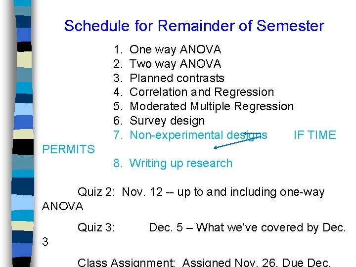 Schedule for Remainder of Semester 1. One way ANOVA 2. Two way ANOVA 3.