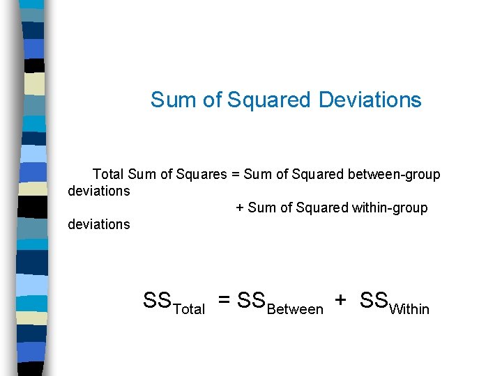  Sum of Squared Deviations Total Sum of Squares = Sum of Squared between-group