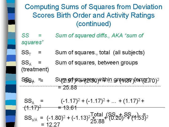 Computing Sums of Squares from Deviation Scores Birth Order and Activity Ratings (continued) SS