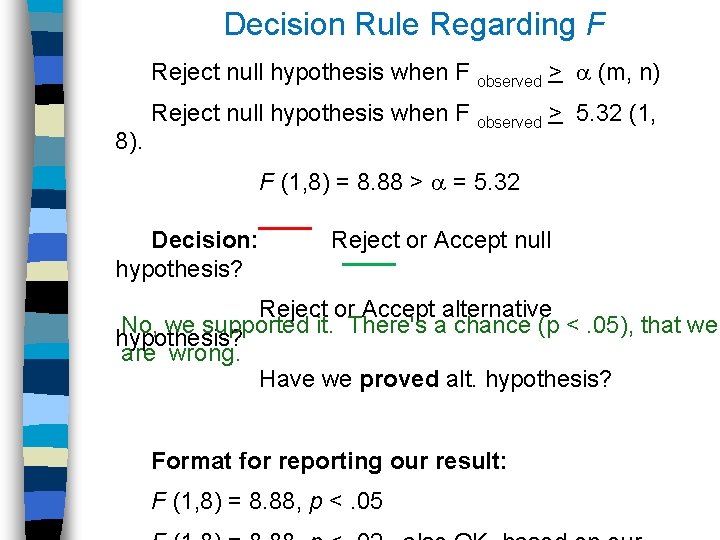 Decision Rule Regarding F Reject null hypothesis when F observed > (m, n) 8).