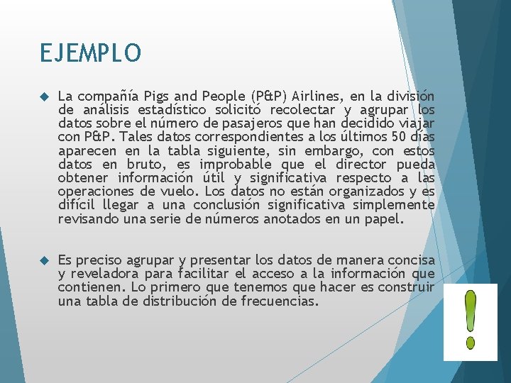 EJEMPLO La compañía Pigs and People (P&P) Airlines, en la división de análisis estadístico
