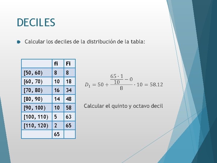 DECILES fi Fi [50, 60) 8 8 [60, 70) 10 18 [70, 80) 16