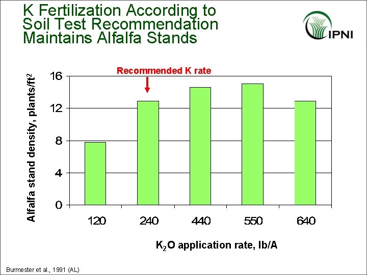 Alfalfa stand density, plants/ft 2 K Fertilization According to Soil Test Recommendation Maintains Alfalfa