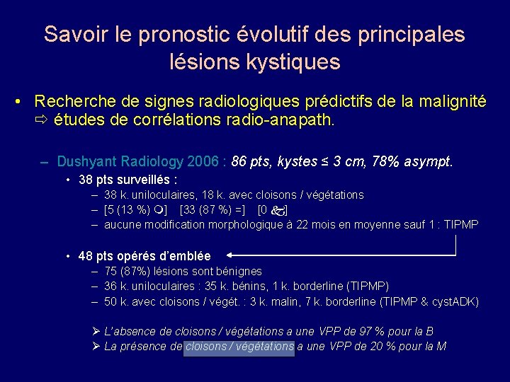 Savoir le pronostic évolutif des principales lésions kystiques • Recherche de signes radiologiques prédictifs