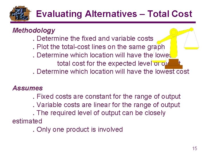Evaluating Alternatives – Total Cost Methodology. Determine the fixed and variable costs. Plot the Evaluating Alternatives – Total Cost Methodology. Determine the fixed and variable costs. Plot the