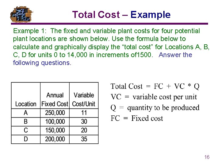 Total Cost – Example 1: The fixed and variable plant costs for four potential Total Cost – Example 1: The fixed and variable plant costs for four potential