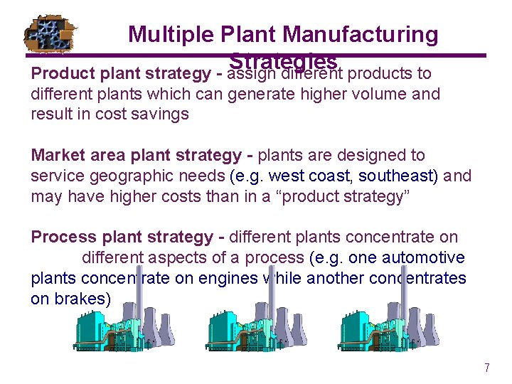 Multiple Plant Manufacturing Strategies Product plant strategy - assign different products to different plants Multiple Plant Manufacturing Strategies Product plant strategy - assign different products to different plants