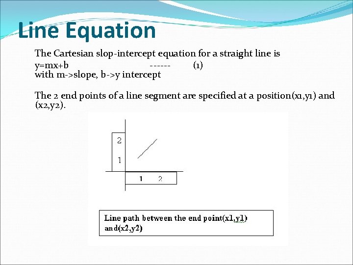 Line Equation The Cartesian slop-intercept equation for a straight line is y=mx+b ------ (1)