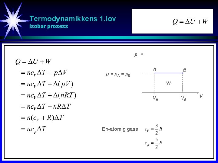 Termodynamikkens 1. lov Isobar prosess p p = p. A = p. B A