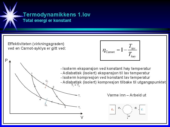 Termodynamikkens 1. lov Total energi er konstant Effektiviteten (virkningsgraden) ved en Carnot-syklys er gitt