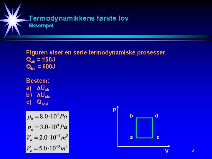 Termodynamikkens første lov Eksempel Figuren viser en serie termodynamiske prosesser. Qab = 150 J