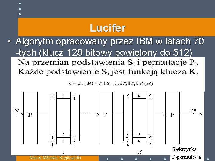 Lucifer • Algorytm opracowany przez IBM w latach 70 -tych (klucz 128 bitowy powielony