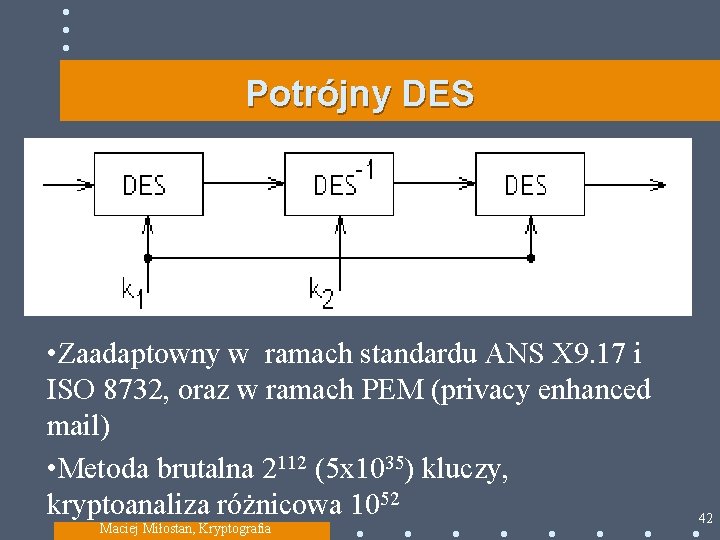 Potrójny DES • Zaadaptowny w ramach standardu ANS X 9. 17 i ISO 8732,