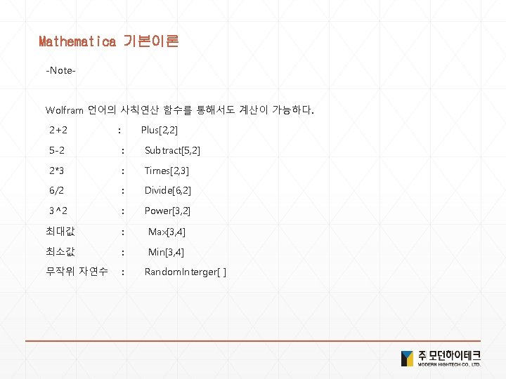 Mathematica 기본이론 -Note- Wolfram 언어의 사칙연산 함수를 통해서도 계산이 가능하다. 2+2 : Plus[2, 2]