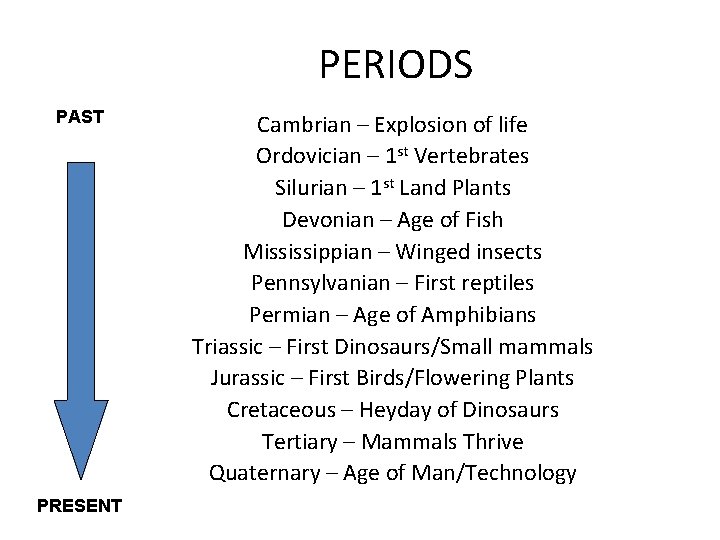 PERIODS PAST PRESENT Cambrian – Explosion of life Ordovician – 1 st Vertebrates Silurian