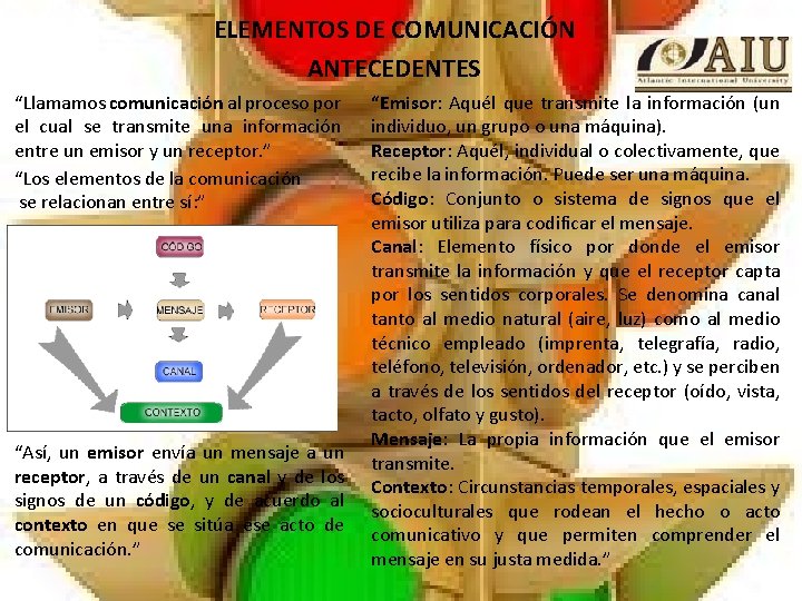 ELEMENTOS DE COMUNICACIÓN ANTECEDENTES “Llamamos comunicación al proceso por el cual se transmite una