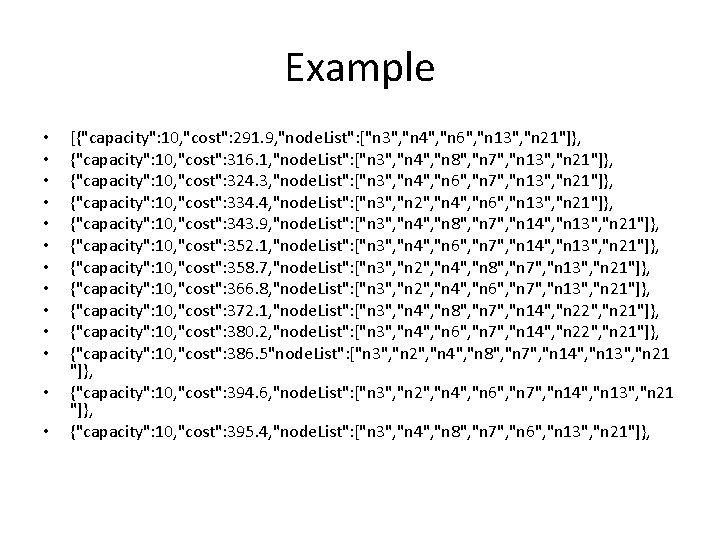 Example • • • • [{"capacity": 10, "cost": 291. 9, "node. List": ["n 3",