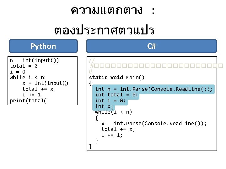 ความแตกตาง : ตองประกาศตวแปร Python n = int(input()) total = 0 i = 0 while