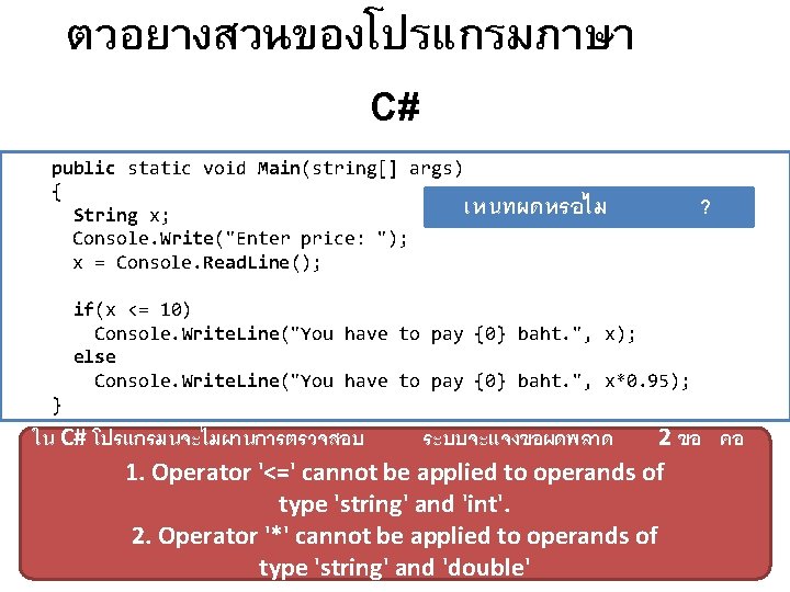 ตวอยางสวนของโปรแกรมภาษา C# public static void Main(string[] args) { เหนทผดหรอไม String x; Console. Write("Enter price: