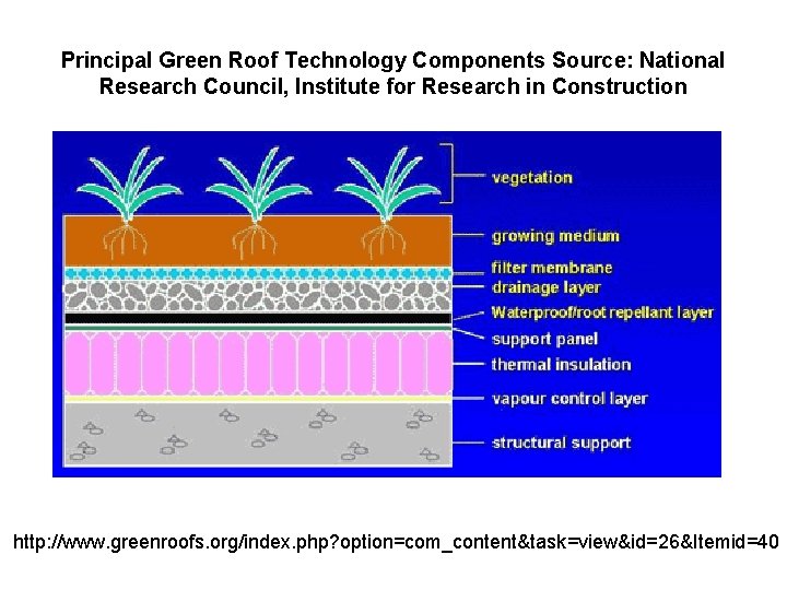 Principal Green Roof Technology Components Source: National Research Council, Institute for Research in Construction
