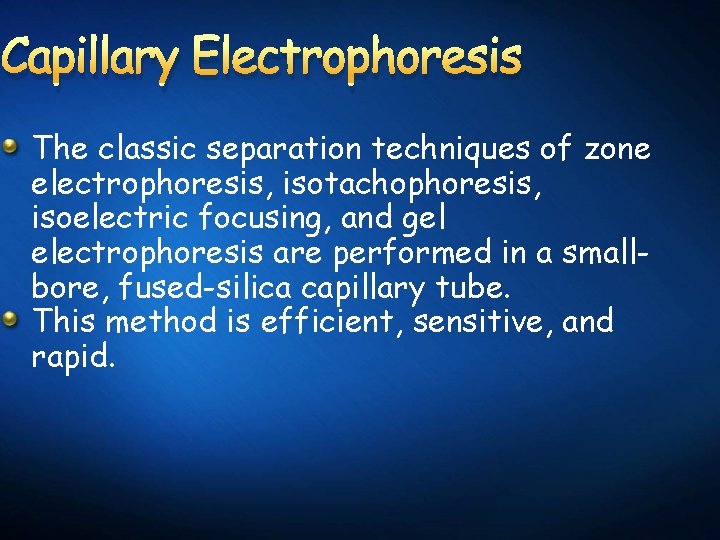 Capillary Electrophoresis The classic separation techniques of zone electrophoresis, isotachophoresis, isoelectric focusing, and gel