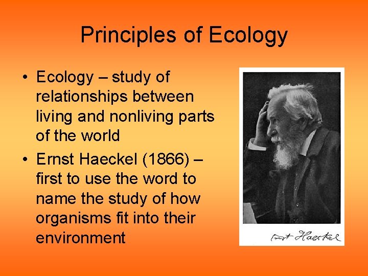 Principles of Ecology • Ecology – study of relationships between living and nonliving parts